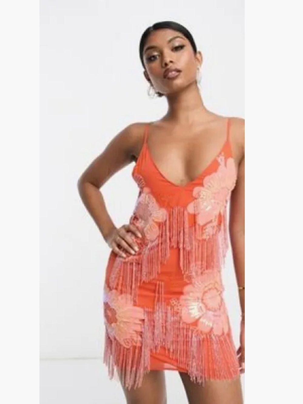 ASOS DESIGN Women's Orange Floral Sequin Fringe Mini Shift Dress Size 12